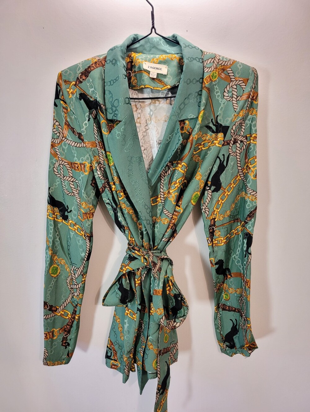 L'AGENCE Frosty Spruce Wrap Blazer Chain-Print Horse Satiny Jacket - S